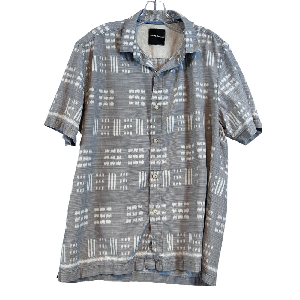Tommy Bahama Men Grey Silk Cotton Resort Short Sleeve Button Down‎ Shirt L Ikat